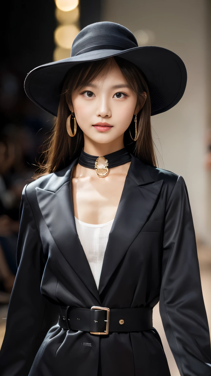 (Best Quality:1.4), (8K), 32K, (UHD), (Masterpiece:1.3), Photo of Japanese pretty woman, (Photorealistic), (Raw Photography), (1girl), (Ultra High Details) BREAK (Detailed face), perfect face, (Detailed hair), Beautiful hair, bangs, Layer Cut, (symmetrical eyes:1.3), (Detailed eyes), (Detailed skin), Realistic skin, Ultra high definition, (medium breasts), (slim figure), (super model figure) BREAK
( wearing a High fashion matte black trench coat with belt:1.3, matte black cotton trench long coat with large collar:1.3, couture:1.3, matte black hat, wide pants, earrings, Hermes-style scarves )
BREAK
standing, cinematic lighting, backlit, Walking the runway in a fashion show, walk with one's collar up, cowboy_shot, From below