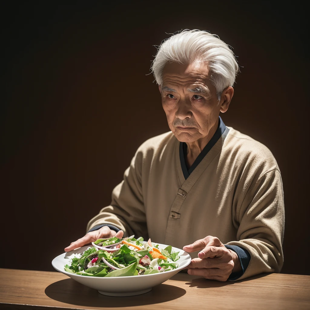 Medium-sized display, Medium shot, Written border depth, Break, Upper Body, angle, masterpiece, angle, (RAW photos, best quality), best quality, Very detailed, CG, 8k wallpaper, Vicissitudes, Older male protagonist,Chinese elderly,80 years old,male,Solitary, Divide salad, Look directly at the audience, front