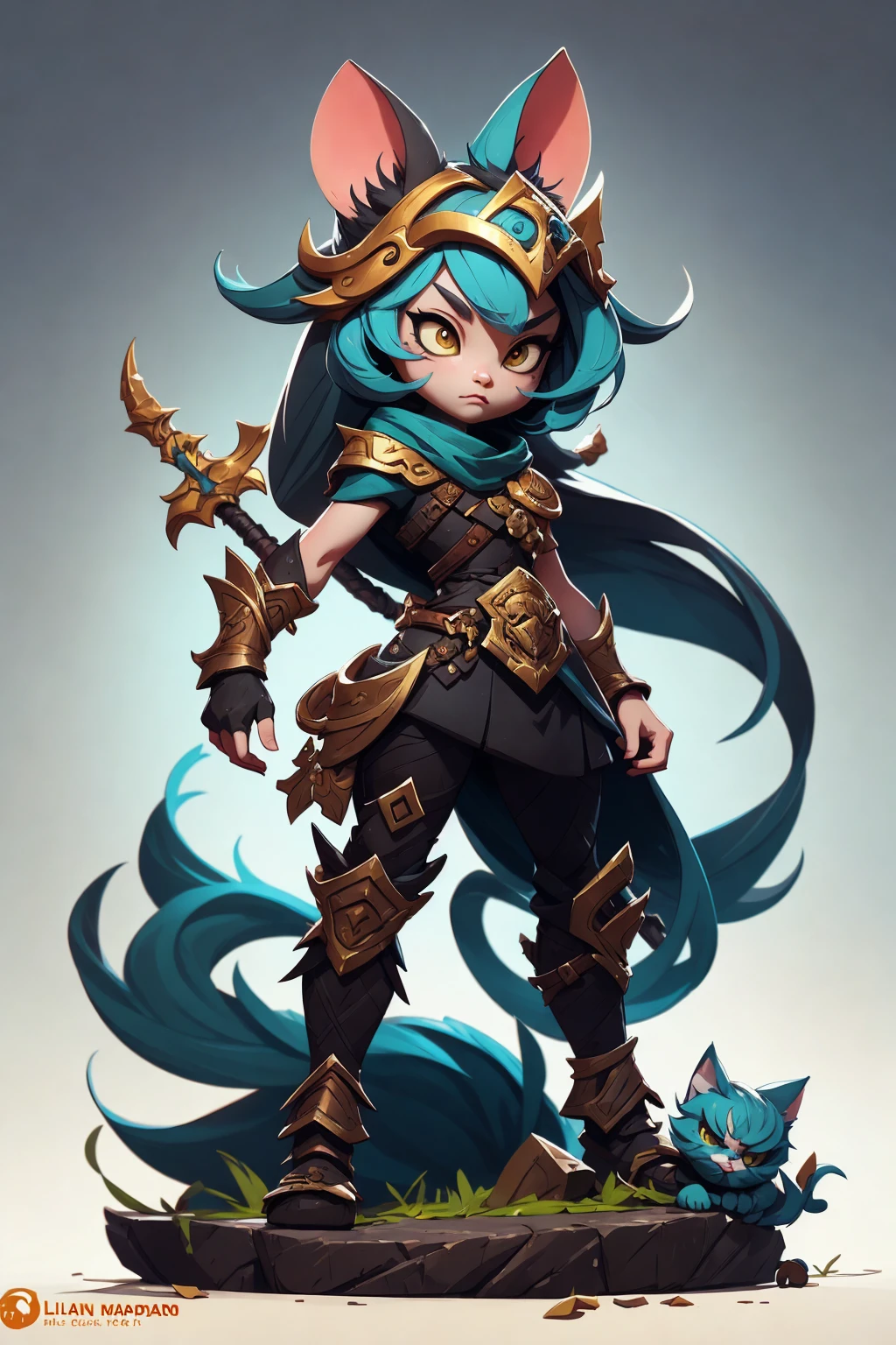 a cat warrior character,  inspired by Lü Bu, full body, chibi, advanced digital chibi art, g liulian art style, maplestory mouse, bian lian, chibi art, league of legends art style, character art of maple story,