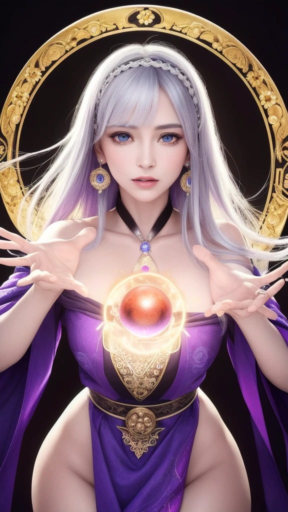 (masterpiece, top quality, 1 female, solo, exquisite details, chromatic aberration), (realistic), (skin), ((breathing)), (silver hair, blunt bangs, short straight long hair, short bangs, silver hair), beautiful hair, red headdress, blue highlights, hair over one eye, pretty eyes, purple eyes, thick lips, earrings, piercing eyes, ((gold and white kimono)), ((symmetrical eyes)), ((perfectly symmetrical body)), ((perfectly symmetrical hands)), (purerosface_v1:0.3), night, ((self, natural light))), bright lighting, flowers blooming in the background, in front of the viewer, ((central shot, from the front, (face and waist))), mysterious atmosphere, flowers blooming around, light colored background, fortune teller in kimono, beautiful fortune teller, fortune teller, fantasy female fortune teller, female fortune teller, f Fantasy photography, magician, witch fairy tale, Japanese style, elegant cinematic fantasy art, fantasy woman, sorceress portrait, casting spells, fortune teller, powerful wizard stands among mystical colorful flowers, fluttering robes adorned with symbols, holding a glowing heart crystal ball, eyes glowing with mystical energy, spells leaking from his mouth, vivid swirling patterns of black magic pulsating with iridescent hues appear in the air, magic permeates, flowers bloom, sacred creatures gaze in awe, threads of magical energy dance, revealing hidden realms, unravelling secrets, capturing the essence of this enchanting moment and bringing to life the mystical power of witchcraft on a canvas of the highest quality and finest detail. Top Quality, Masterpiece, Ultra High Resolution, (Photorealistic: 1.4), RAW Photo, Sharp Focus, High Resolution, Detailed Skin.