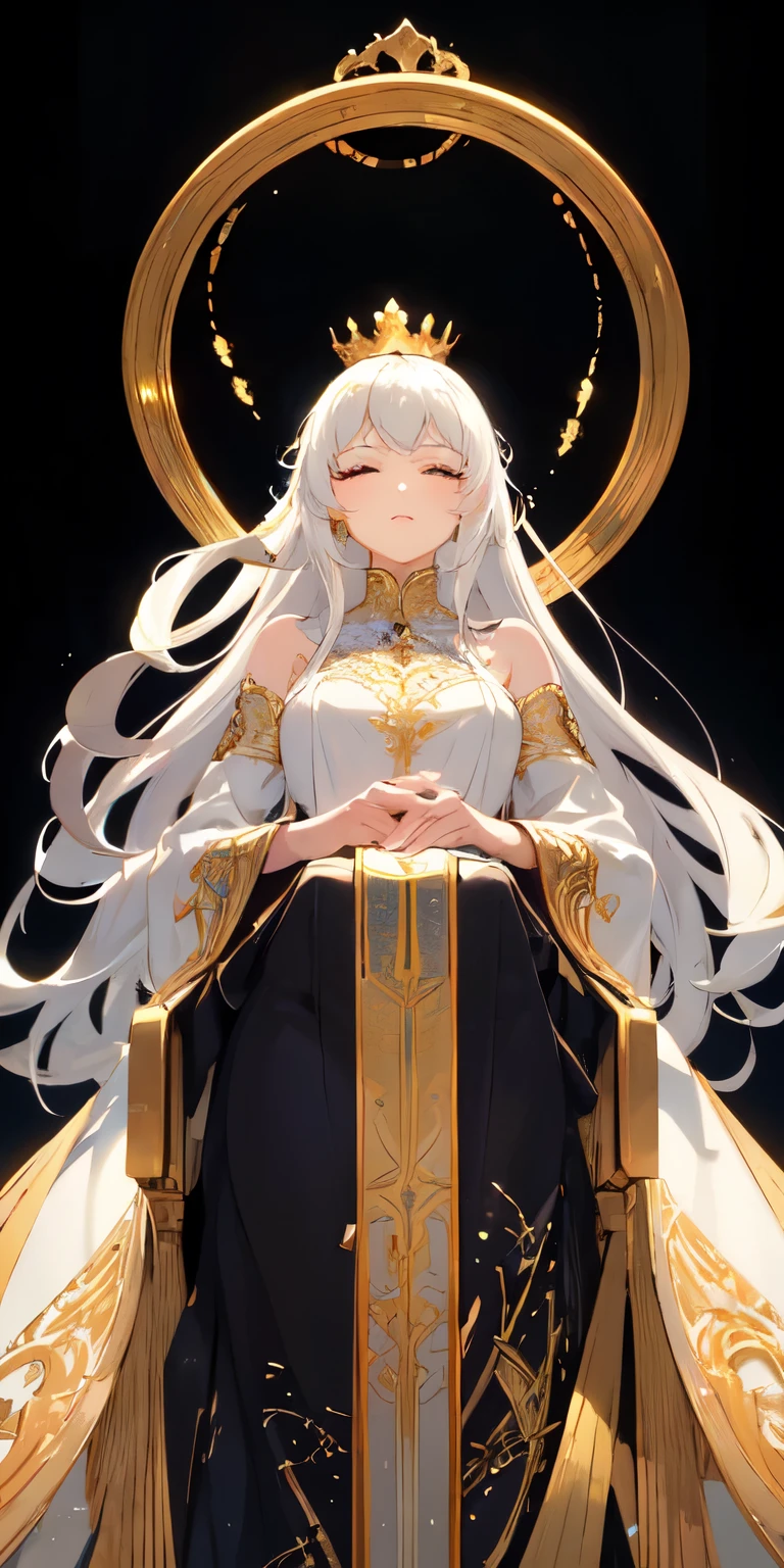 (Masterpiece:1.2), best quality, (illustration:1.2), (ultra-detailed), hyper details, (delicate detailed), (intricate details), (cinematic light, best quality Backlights), clear line, from below, soloist, perfect body, (1girl), white hair and yellow eyes, (emperor, black see-through clothes), (crown: 1.1), sitting on the throne, eyes slightly closed, head down, (shy: 1.2 ), (makeup), high contrast, (best illumination, an extremely create and beautiful), (cinematic light), colorful,