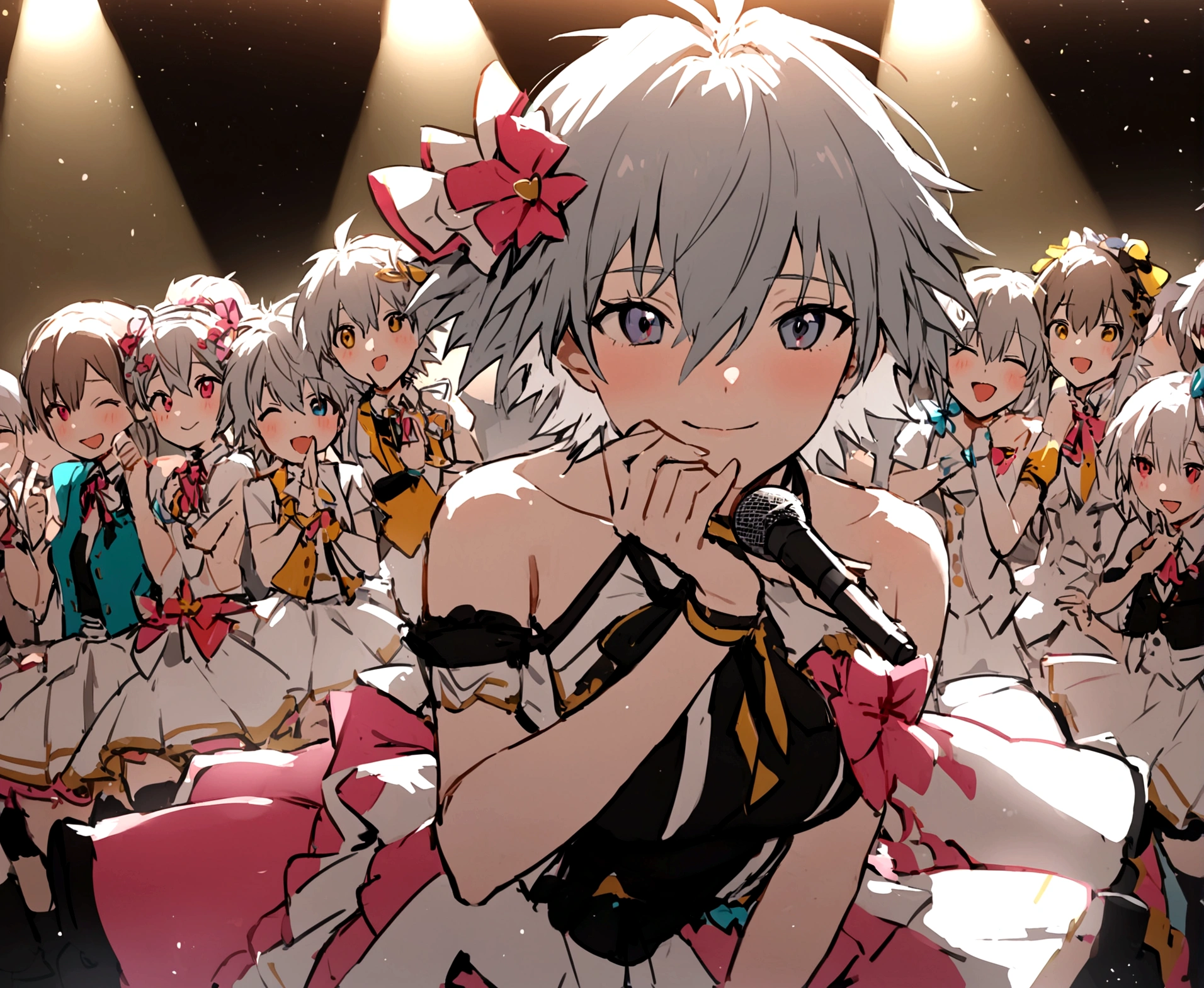 masterpiece, best quality, extremely detailed, evangelion kaworu nagisa, kaworu nagisa, genderbend, girl, seductive, hot, cute, idol, cheerful face, strong shining aura, cute idol clothes, alot of accessories, (cute hair accessories and special clothes for kaworu), idol group member, (center, in middle, spotlight only kaworu), on stage, the prettiest member, multiple different people, (focusing on kaworu, center)