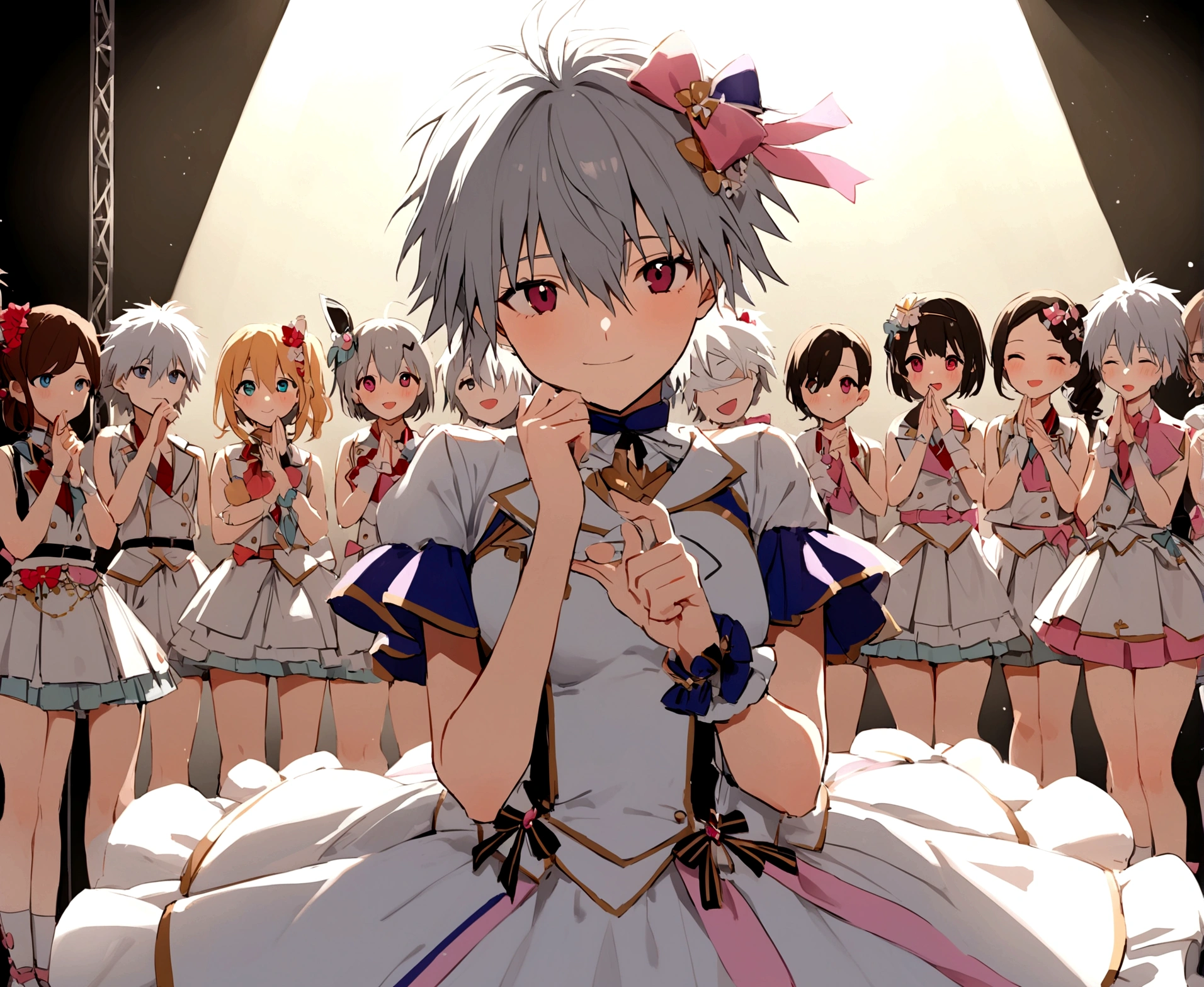 masterpiece, best quality, extremely detailed, evangelion kaworu nagisa, kaworu nagisa, genderbend, girl, seductive, hot, cute, idol, cheerful face, strong shining aura, cute idol clothes, alot of accessories, (cute hair accessories and special clothes for kaworu), idol group member, (center, in middle, spotlight only kaworu), on stage, the prettiest member, multiple different people, (focusing on kaworu, center)