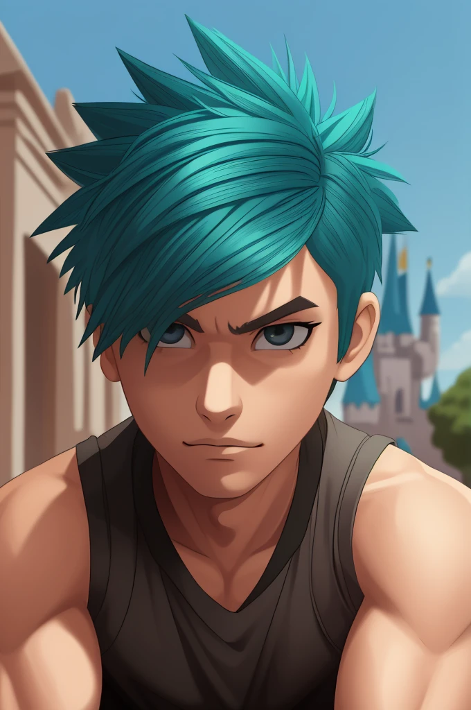 Masterpiece, best quality, 1boy, solo, male, teenage boy,15 years old, cute, clean face, handsome, perfect face, curly hair style, deep blue hair, oval shaped eyes, dark black eyes, clever eyes, shiny eyes, Disney style eyes, small nose, impressed expressions , detailed face, standing, visible from face to chest, confirmed pose, half smiling, wearing black shirt, collared shirt, buttoned up, tight black shirt, muscular, shoulder muscles, sleeves up, upto chest, portrait style,looking at viewer, city in background, light and shadow
