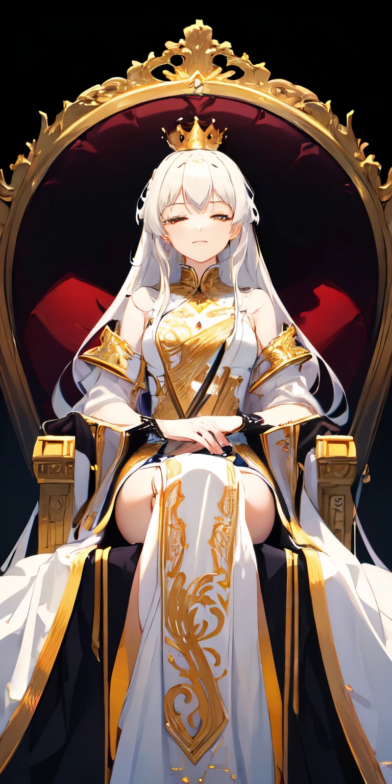 (Masterpiece:1.2), best quality, (illustration:1.2), (ultra-detailed), hyper details, (delicate detailed), (intricate details), (cinematic light, best quality Backlights), clear line, from below, soloist, perfect body, (1girl), white hair and yellow eyes, (emperor, black see-through clothes), (crown: 1.1), sitting on the throne, eyes slightly closed, head down, (shy: 1.2 ), (makeup), high contrast, (best illumination, an extremely create and beautiful), (cinematic light), colorful,