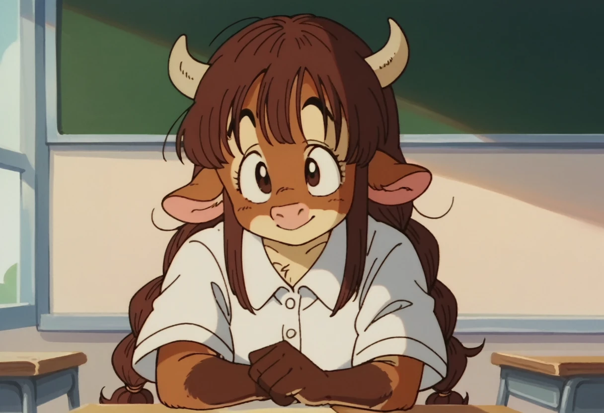 anime screencap,drgbls1, solo,anthro cow, female,score_9, score_8_up, score_7_up, score_6_up. shy smile, upper body, , classroom, long brunette hair, long hair,  braid