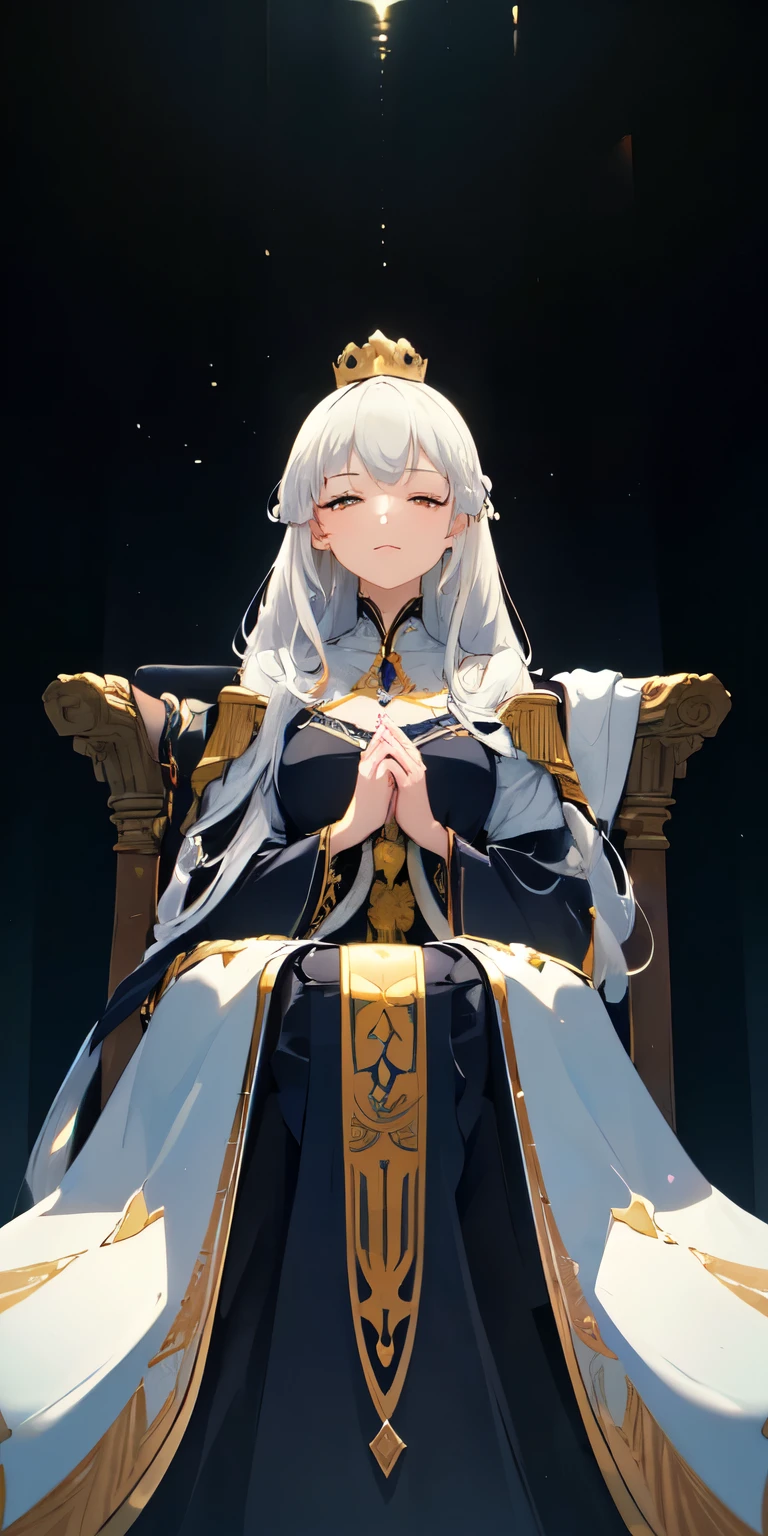 (Masterpiece:1.2), best quality, (illustration:1.2), (ultra-detailed), hyper details, (delicate detailed), (intricate details), (cinematic light, best quality Backlights), clear line, from below, soloist, perfect body, (1girl), white hair and yellow eyes, (emperor, black see-through clothes), (crown: 1.1), sitting on the throne, eyes slightly closed, head down, (shy: 1.2 ), (makeup), high contrast, (best illumination, an extremely create and beautiful), (cinematic light), colorful,