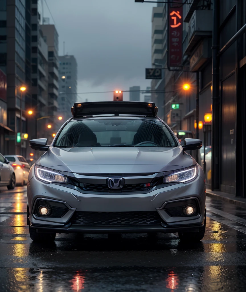 Gray Honda Civic in a Cyberpunk city raining on a sunset