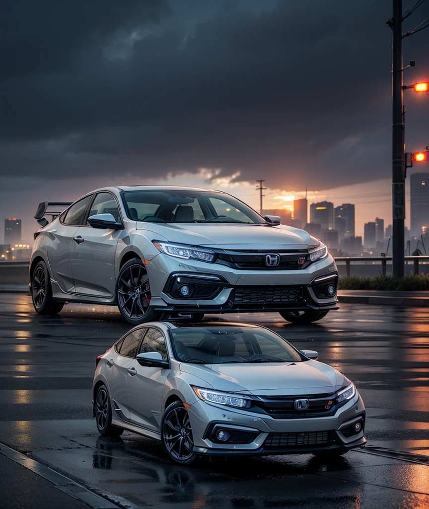 Gray Honda Civic in a Cyberpunk city raining on a sunset