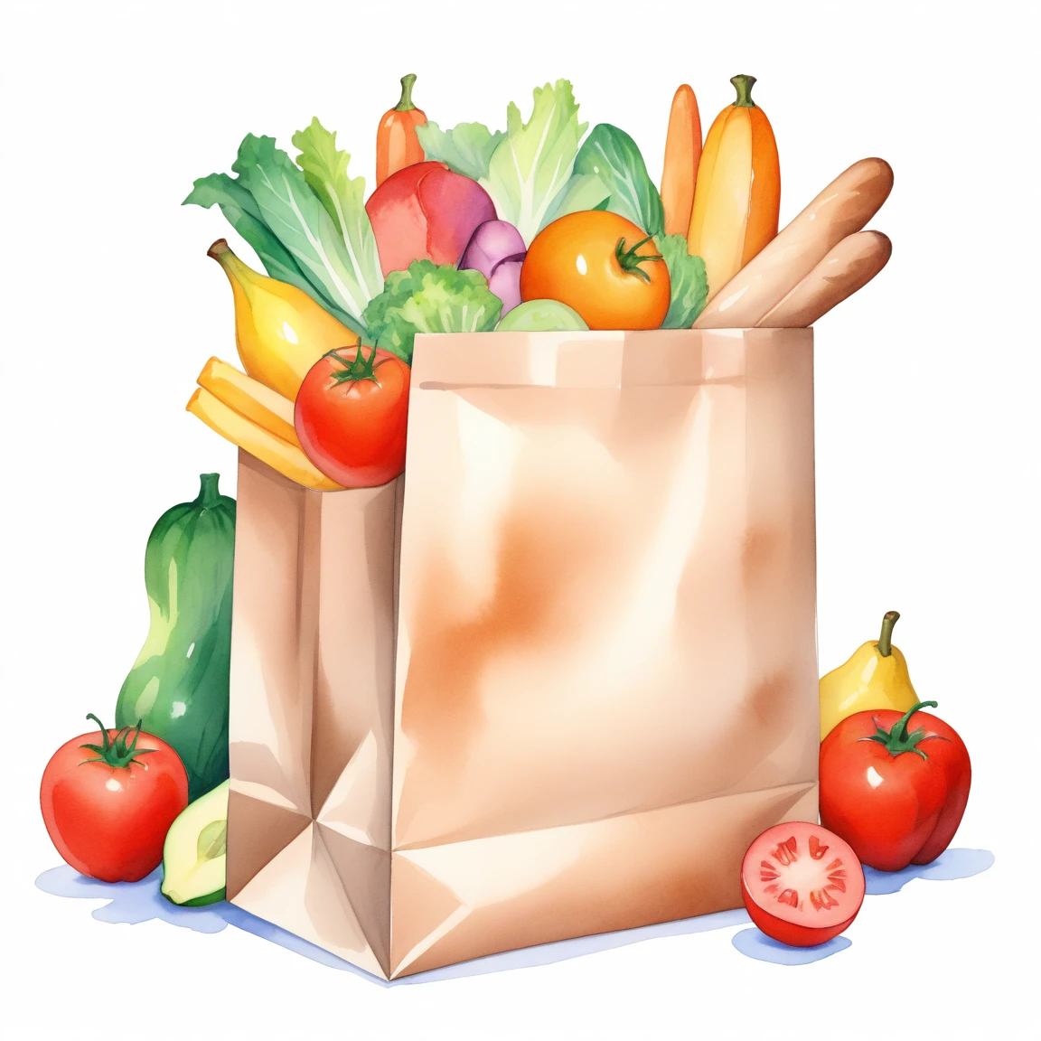 ((best quality)), ((masterpiece)), (detailed), loose watercolor, minimalist, create a picture of a cartoon grocery paper bag full of many kind healthy food, against plain brilliant white background, isolated, fresh, tasty, delicious, vibrant color. the grocery paper bag is sitting on a white brilliant surface, detailed