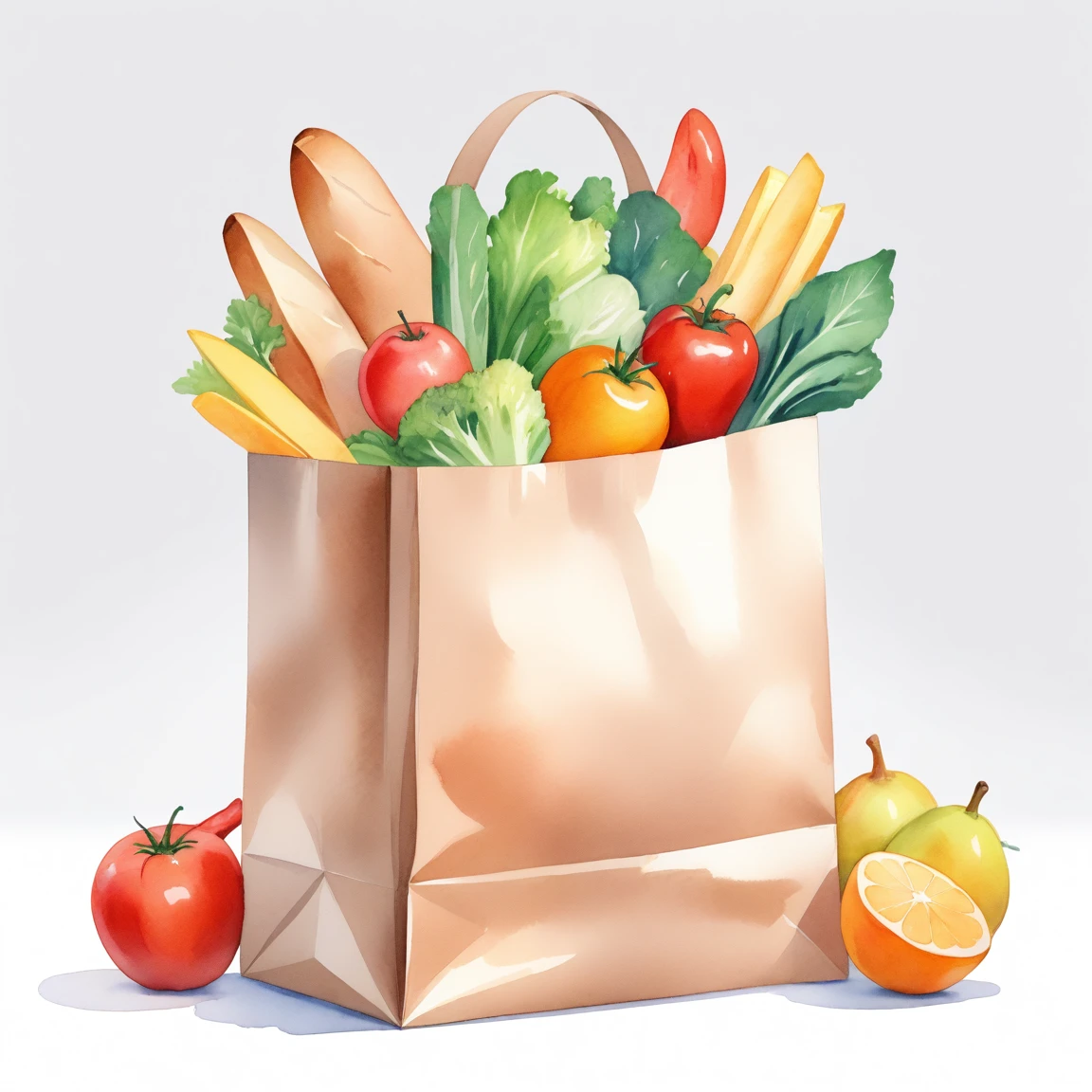((best quality)), ((masterpiece)), (detailed), loose watercolor, minimalist, create a picture of a cartoon grocery paper bag full of many kind healthy food, against plain brilliant white background, isolated, fresh, tasty, delicious, vibrant color. the grocery paper bag is sitting on a white brilliant surface, detailed