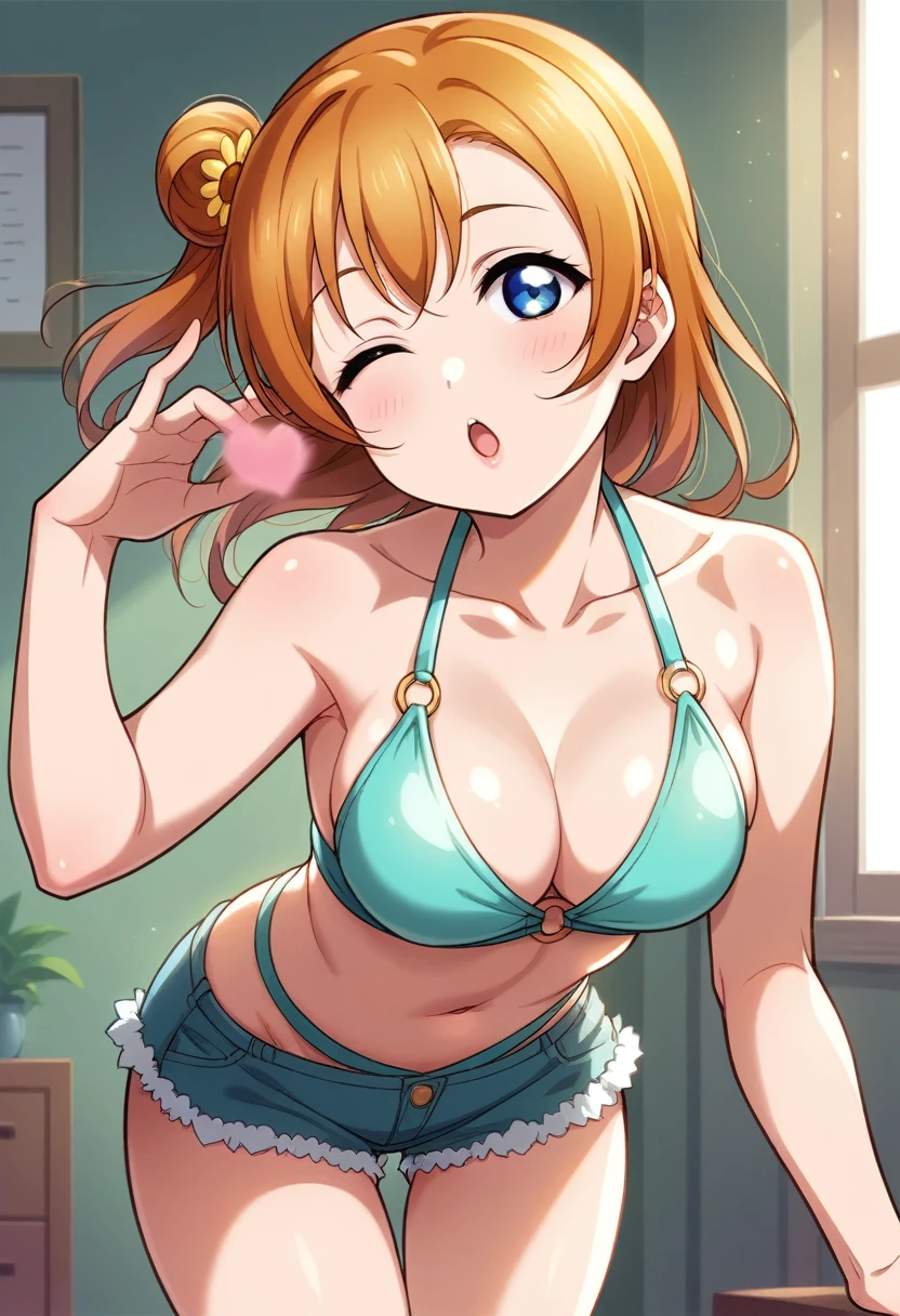 Honoka kousaka love live, cowboy shot, blue eyes, orange hair,hair flower, solo, Fashion , bshoulders, perfect eyes, Perfect iris,Perfect skin,Soft front light,Casual,indoors;(pastel colour:1.2), halter neck,thin straps , sexy,(lipstick:0.8), breasts ,sexy pose,wink, (slightly bent over:0.8), bottom up , detailed breasts , thighs, shiny moist skin, blowing kiss