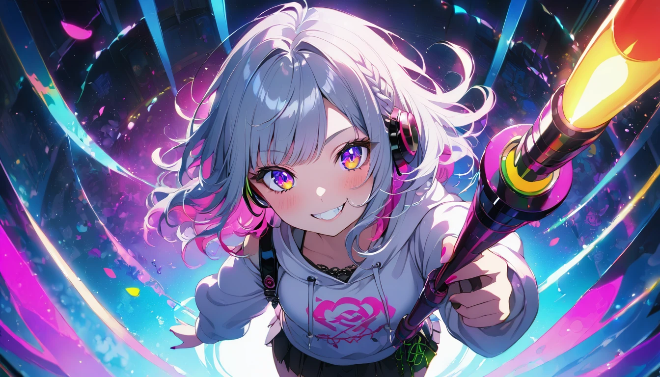 ((Masterpiece)), ((best quality)), (Anime:1.3), (super detail:1.2), (High Definition:1.3), (Professional Photography:1.3), cute young Girl, (Toy Rocket launcher on the shoulder:1.5), Glossy unruly hair, (loose swept bangs), (silver ash hair), medium hair, big eyes, (Eye bags:1.3), (Long eyelashes), colorful eyes, (evil smile and blush), Glossy lips, (jagged teeth), farewell, (white hoodie with oversized), (black mini skirt), barearms, cute, (colorful:1.3), gothic makeup, (wearing headphone), neon-lit, pretty, Celtic, maniac, gazing skyward, colorful petals dance around, at glass land, (from above),