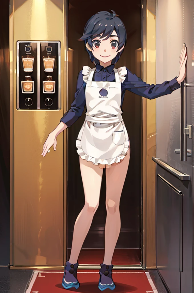 Detailed image, high quality, boy, Elio, cute, elevator, Cafe staff, apron, medium penis, smile, flaccid cock,  Dressed, just penis, up body, sole boy,