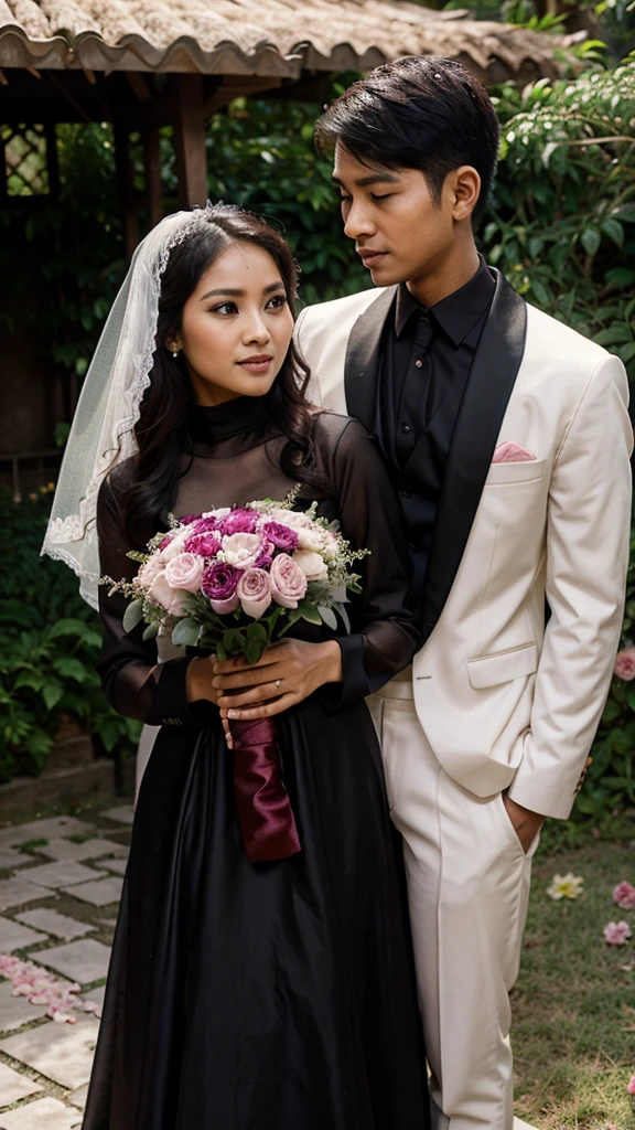 Realistic of pilipino couple wedding ,the boy wear a black attire and girl hijab,pink gown wedding.the background is garden.