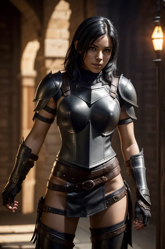 A beautiful female rogue, short black hair, Dungeons and Dragons aesthetic, (((skimpy sexy leather armour))), high detail face, high detail skin, 8, HDR, high resolution, photo-realistic, cinematic lighting, depth of field, bokeh, rim lighting, backlit, cool colours, night