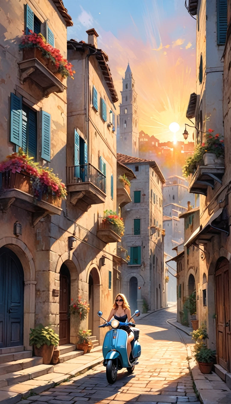 street of a classic Italian stone town: 1.5, sunrise, great detail of buildings, towers, 1girl, pretty 1girl on 1scooter in the scene (art inspired by Bill Sienkiewicz). oil painting)
