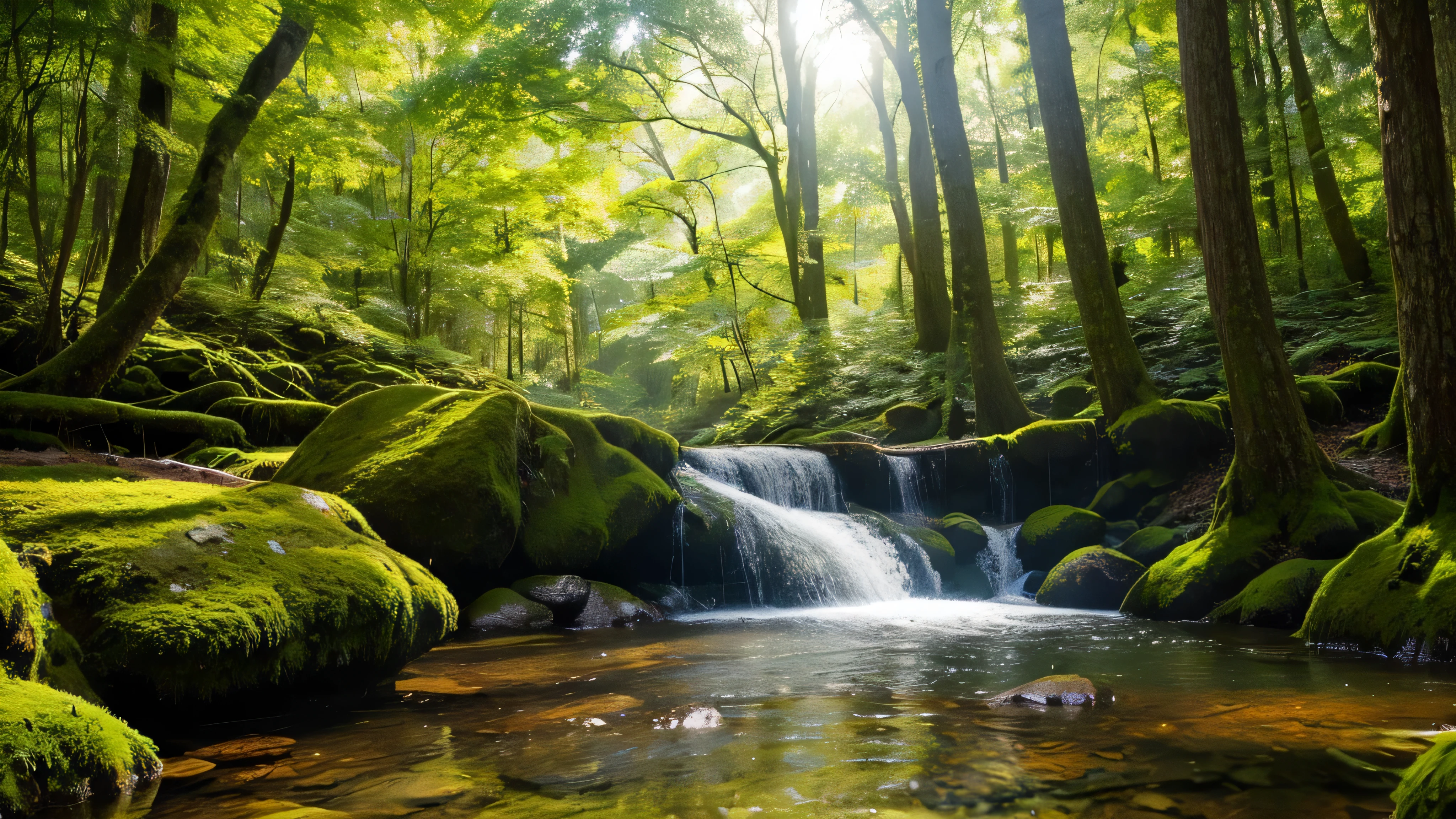 Hardwood,Primary forest、Sunlight filtering through the trees、Mossy Rock,Giant wood,stream