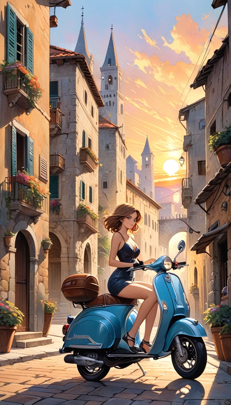 street of a classic Italian stone town: 1.5, sunrise, great detail of buildings, towers, 1girl, pretty 1girl on 1scooter in the scene (art inspired by Bill Sienkiewicz). oil painting)