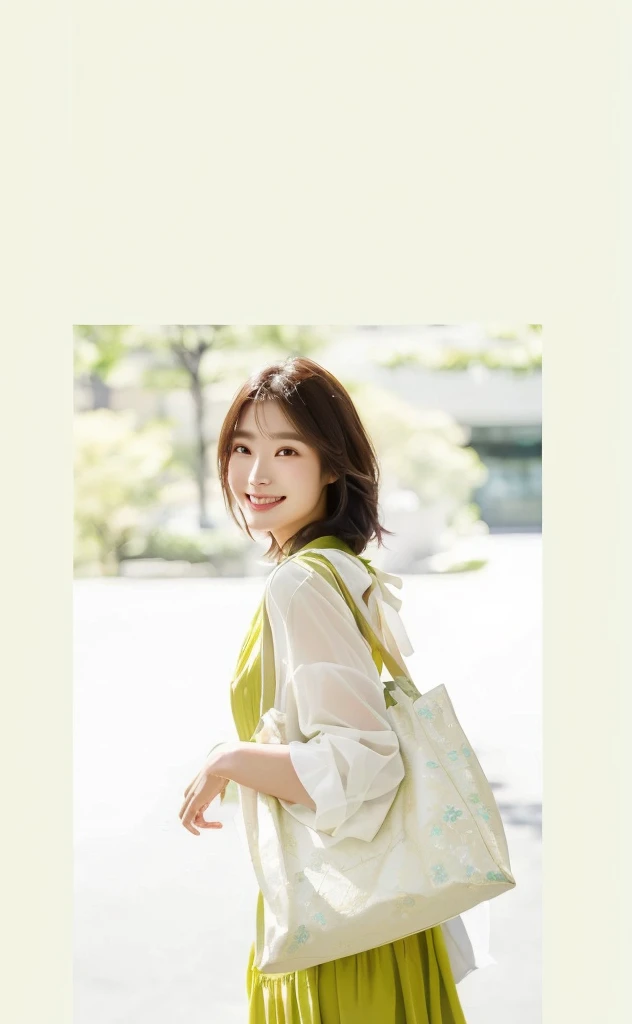 arafed woman in a green dress carrying a white bag, wearing wheat yellow gauze, slight yellow hue, chiho, heonhwa choe, style of yoshii chie, lovely smile, ( side ) profile, lee ji - eun, lee ji-eun, cheery, jaeyeon nam, by Tan Ting-pho, smiling warmly, ad image