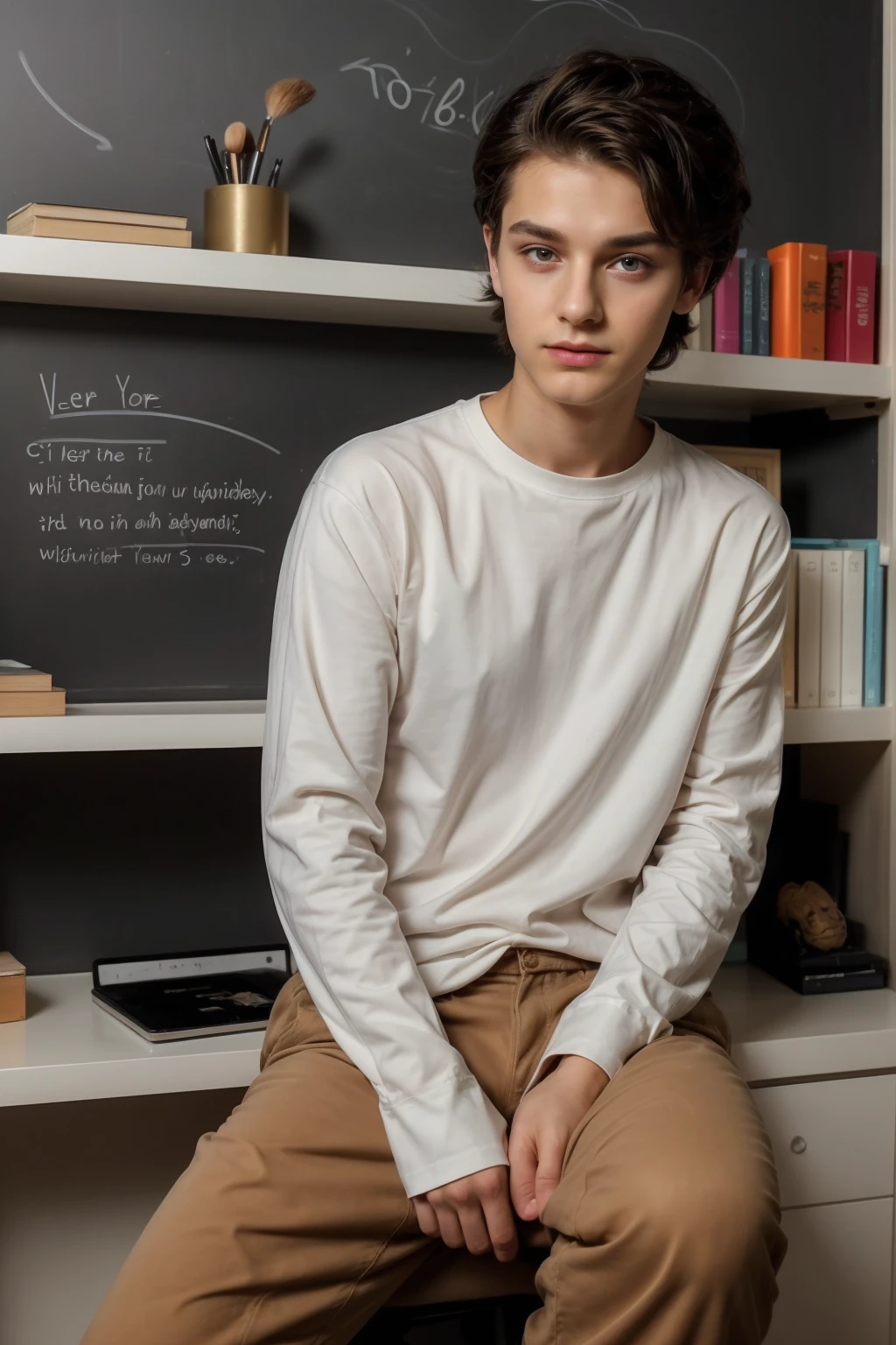 A beautiful young man, male, a cute twink, with black hair and a face with make-up, wearing a white long-sleeved shirt and aquamarine jeans, and he is in his office, and behind him is a blackboard on which is written the shape of the brain and its anatomy, and nuclear energy comes out of it, and he has a face with make-up and his eyes.  Underneath are dark circles while he is sitting, and he appears innocent and has a beautiful face with make-up, while he is sitting at a luxurious desk with books, and neon energy comes out of it.