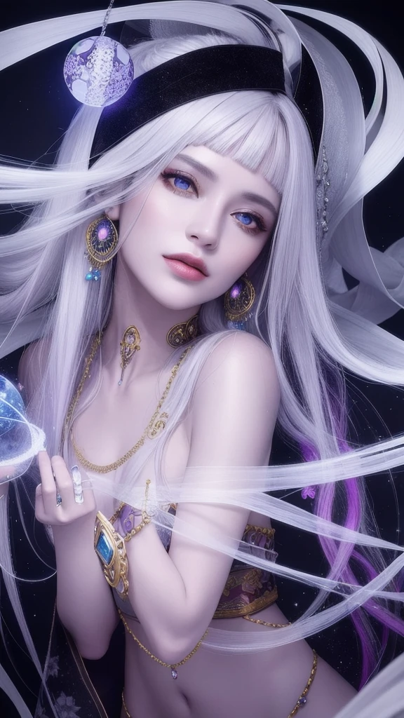 (masterpiece, top quality, 1 female, solo, exquisite details, chromatic aberration), (realistic), (skin), ((breathing)), (silver hair, blunt bangs, short straight long hair, short bangs, silver hair), beautiful hair, red headdress, blue highlights, hair over one eye, pretty eyes, purple eyes, thick lips, earrings, piercing eyes, ((gold and white kimono)), ((symmetrical eyes)), ((perfectly symmetrical body)), ((perfectly symmetrical hands)), (purerosface_v1:0.3), night, ((self, natural light))), bright lighting, flowers blooming in the background, in front of the viewer, ((central shot, from the front, (face and waist))), mysterious atmosphere, flowers blooming around, light colored background, fortune teller in kimono, beautiful fortune teller, fortune teller, fantasy female fortune teller, female fortune teller, f Fantasy photography, magician, witch fairy tale, Japanese style, elegant cinematic fantasy art, fantasy woman, sorceress portrait, casting spells, fortune teller, powerful wizard stands among mystical colorful flowers, fluttering robes adorned with symbols, holding a glowing heart crystal ball, eyes glowing with mystical energy, spells leaking from his mouth, vivid swirling patterns of black magic pulsating with iridescent hues appear in the air, magic permeates, flowers bloom, sacred creatures gaze in awe, threads of magical energy dance, revealing hidden realms, unravelling secrets, capturing the essence of this enchanting moment and bringing to life the mystical power of witchcraft on a canvas of the highest quality and finest detail. Top Quality, Masterpiece, Ultra High Resolution, (Photorealistic: 1.4), RAW Photo, Sharp Focus, High Resolution, Detailed Skin.