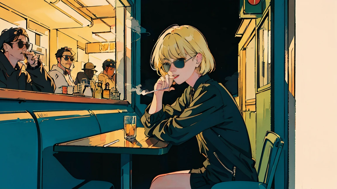 Beautiful blonde Asian girl sitting in a diner at night, visible from the window, perfect face, sunglasses, Smoking white Taylormade cigarettes, neon black, (with backlight: 1.1), hard shadow, masterpiece, highest quality, Complex, model shooting style, vintage, film grain, incomplete details