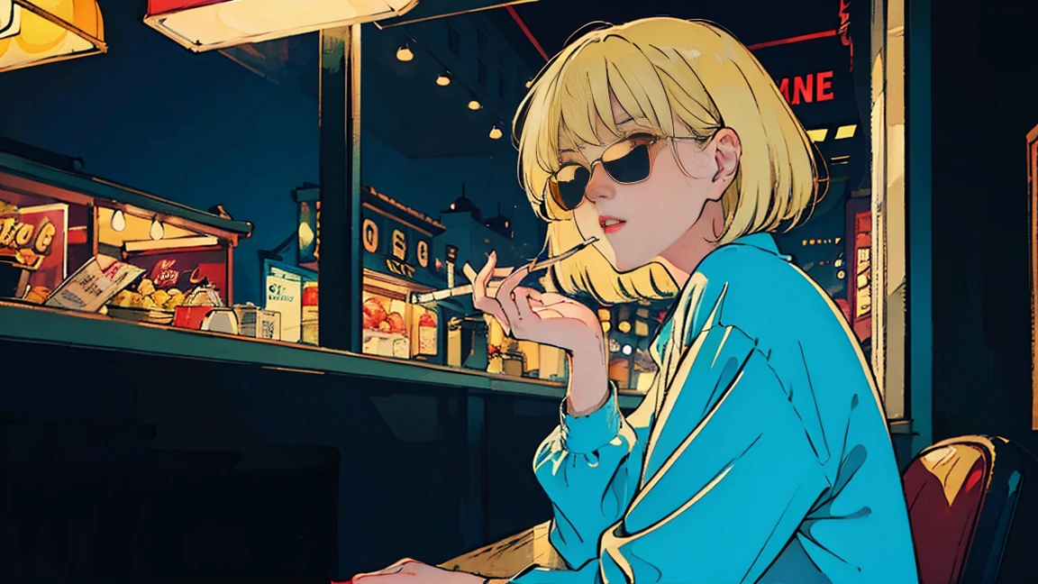 Beautiful blonde Asian girl sitting in a diner at night, visible from the window, perfect face, sunglasses, Smoking white Taylormade cigarettes, neon black, (with backlight: 1.1), hard shadow, masterpiece, highest quality, Complex, model shooting style, vintage, film grain, incomplete details