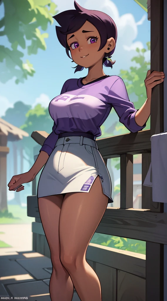Luz Noceda, medium breasts, ((purple and white smal shirt and a black stripped miniskirt)), high quality fanart, open legs Style, official fanart, boobs, official art, (nsfw)