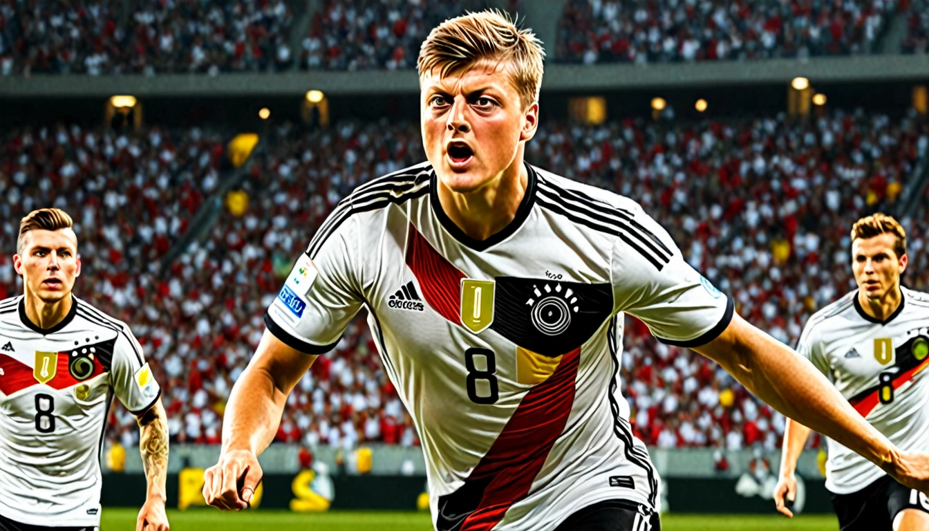 high quality, hyperdetailed, 3d, dynamic, dramatic lighting, highly detailed, photorealistic, 1 german male soccer team, soccer players, athletes, football, soccer, team, sports, sports uniforms, soccer jerseys, cleats, soccer ball, soccer field, stadium, crowds, cheering fans, flags, banners, action pose, muscular figures, sweat, motion blur, depth of field, germnan flag on jersey, (Toni Kroos, jersey nr. 8), ((shooting the goal))