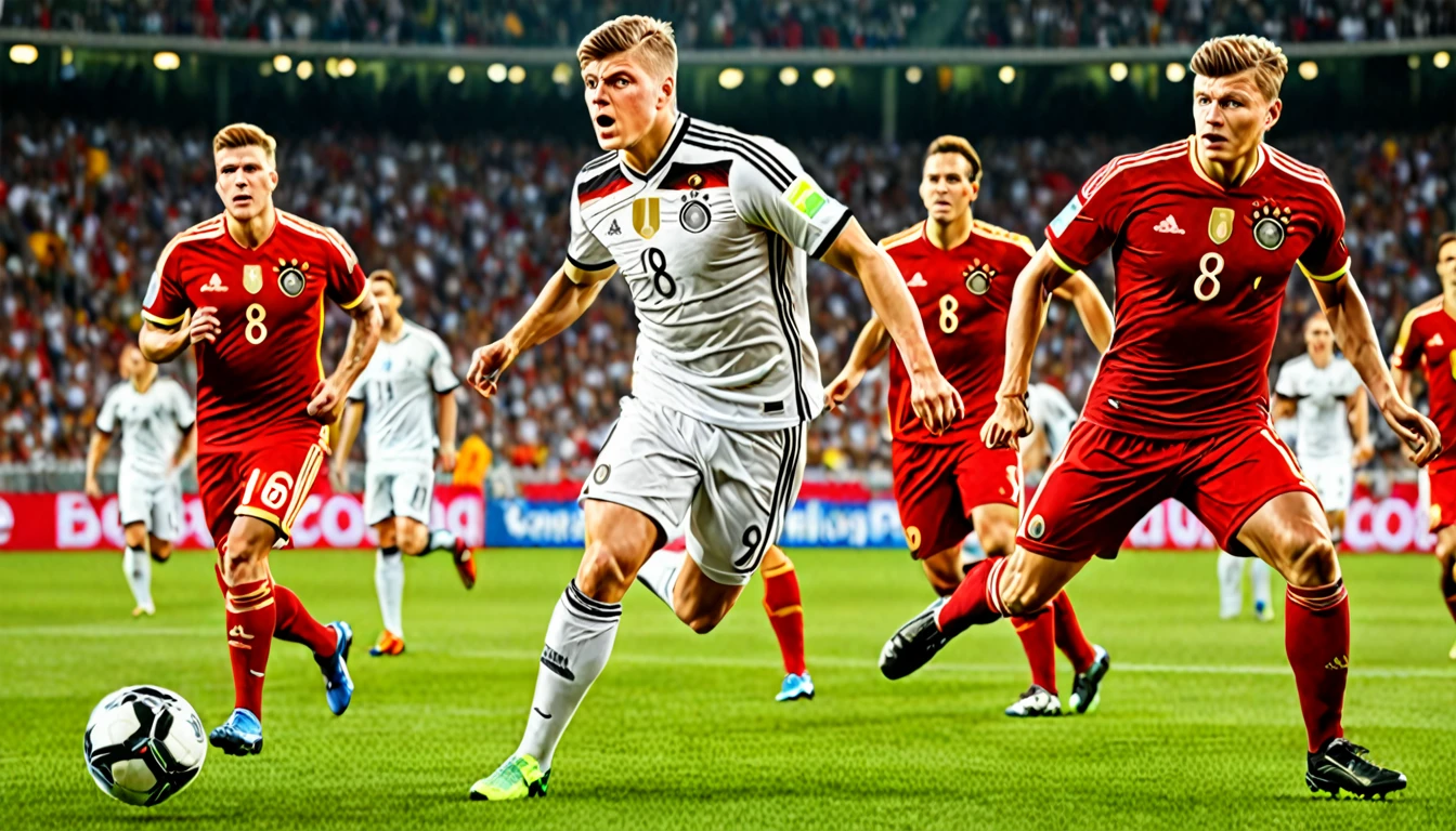 high quality, hyperdetailed, 3d, dynamic, dramatic lighting, highly detailed, photorealistic, 1 german male soccer team, soccer players, athletes, football, soccer, team, sports, sports uniforms, soccer jerseys, cleats, soccer ball, soccer field, stadium, crowds, cheering fans, flags, banners, action pose, muscular figures, sweat, motion blur, depth of field, germnan flag on jersey, (Toni Kroos, jersey nr. 8), ((shooting the goal))