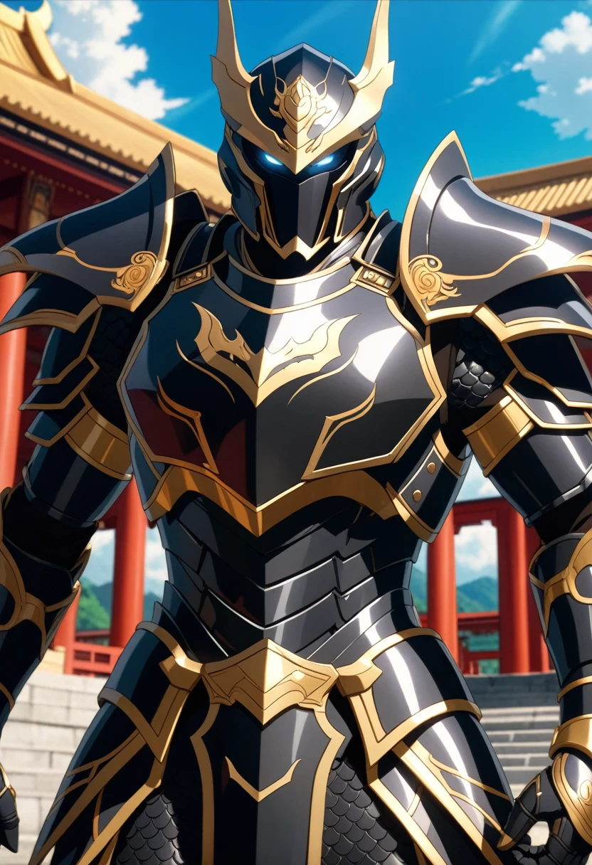 An epic closeup of the dark fighter, looking at the viewer, (alone), light full body armor, (The armor covers the entire body), , golden edges, Dragon Eye Inlaid Armor, combat pose, full body shot, in a temple in the background, anime screencap, Masterpiece, The best quality, high detail,