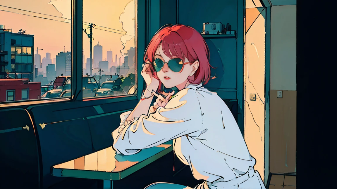 beautiful asian girl with red hair sitting in a diner at night, seen through a window, perfect face, sunglasses, smoking a white tailor made cigarette, NeonNoir, (backlit: 1.1), hard shadow, masterpiece, best quality, Intricate, modelshoot style, vintage, film grain, drive,citypop,cassettetape,record