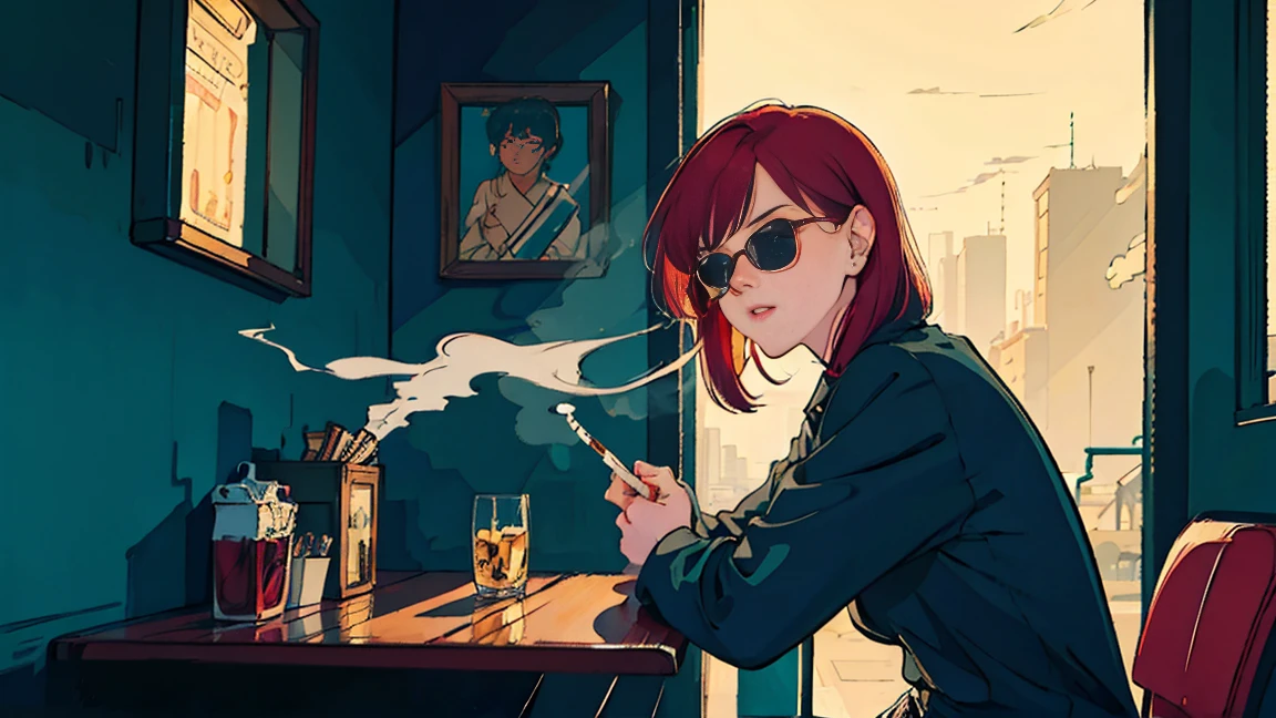 beautiful asian girl with red hair sitting in a diner at night, seen through a window, perfect face, sunglasses, smoking a white tailor made cigarette, NeonNoir, (backlit: 1.1), hard shadow, masterpiece, best quality, Intricate, modelshoot style, vintage, film grain, drive,citypop,cassettetape,record