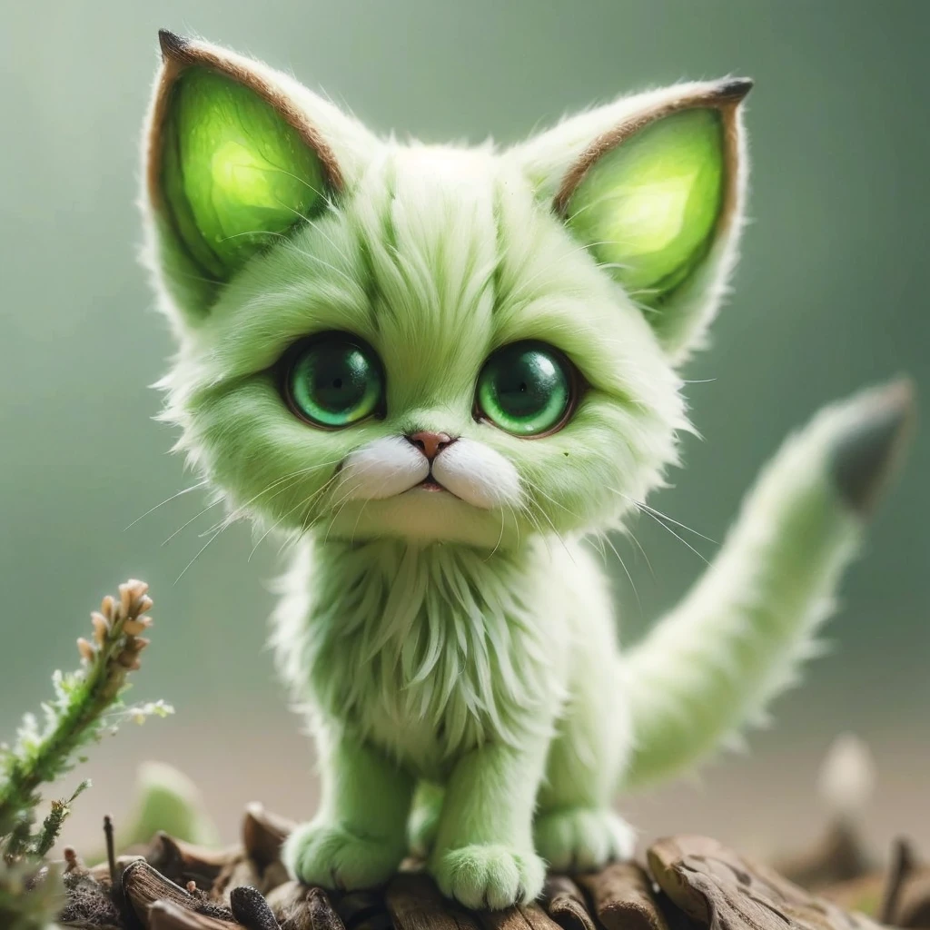 The head of the "milk tea brown cat" looks like it is wearing a button-shaped hat in the shape of a "matcha green poisonous mushroom&quo body is like a poisonous mushroom,The body changes into the shape of a poisonous mushroom,The feet also become cylindrical and long,But without losing the cat’s hair and mobility。
Eyes become round and big,Milk tea brown。
Ear sockets are matcha green。
The tail becomes like a platypus,flat and wide