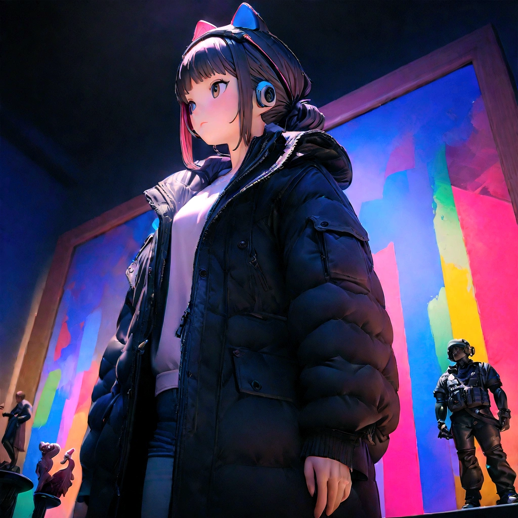 ((Highest quality, 8K, masterpiece: 1.4)),((Amazing details: 1.3)),((figure, Hairstyle Casual: 1.2)),((High resolution: 1.1)), Cute cat standing, Put the headset on your head, Tactical Coat, fashionable, Soft Light, colorful, Depth of written boundary, Cinema Lighting, From below, Anatomically correct, Amazing painting art, no one〜do not have
