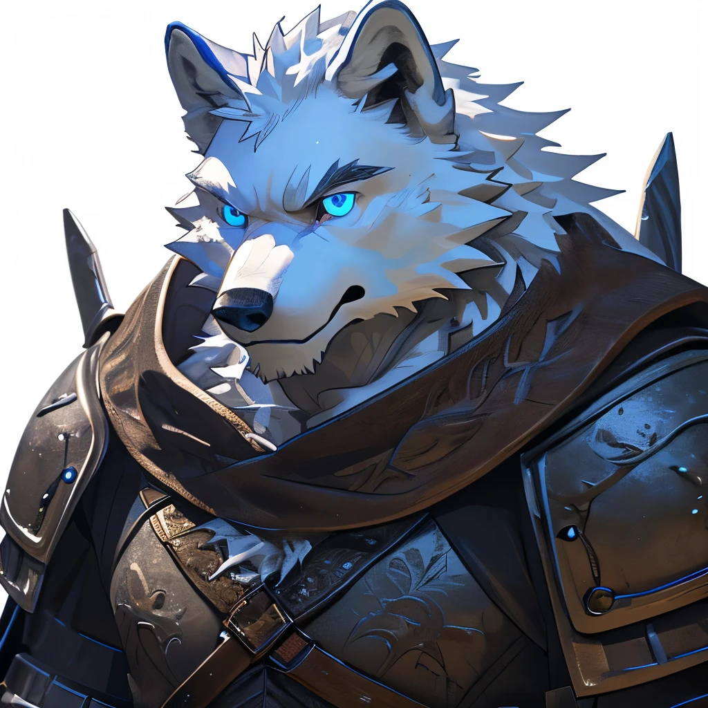 Solo, Kemono, (White Wolf, Anthro, Male, (white Body)), Fur, Tail, Muscles, White fur, Blue-colored eyes, (white background), Fantasy, Armor, Medieval armor, Epic, Depth of Field, Perfect Lighting, (Best Quality), (Masterpiece), (Ultra Detailed), Sharp Focus, (Head bust Picture), Close Up Angle (Detailed Face Features) (Front shot view)