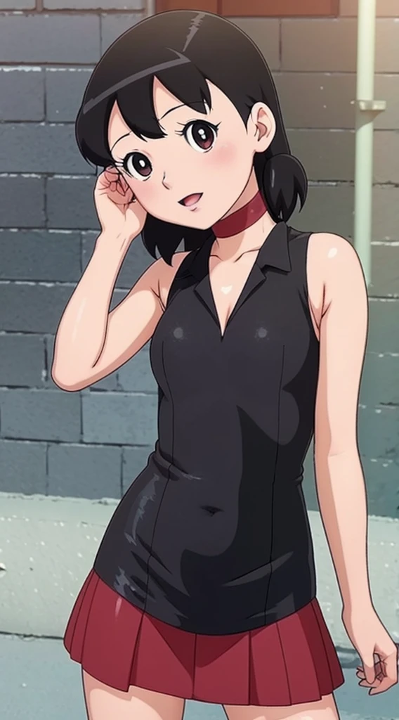 best quality, masterpiece, vintage style, cel shaded, 1990s, Short Black Medium Hair, Purple Eyes, Bare Shoulders, Happy, Short white and Black Dress, Black Pencil Skirt, cleavage, standing up, inside the mansion Background, 1 girl, solo, Anime style.