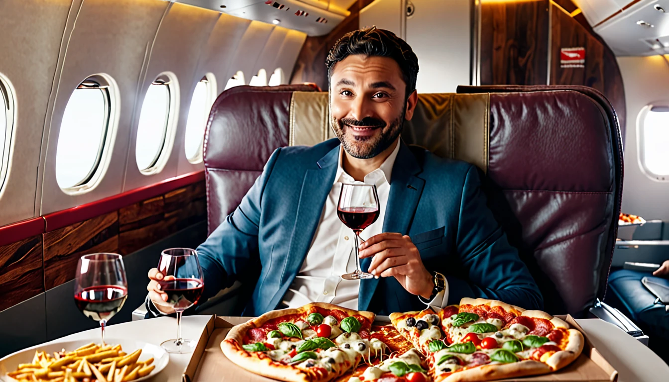 arafed man sitting in a plane with a pizza and a glass of wine, food commercial 4 k, pizza advert, netflix, food advertisement, art masterpiece, confortable atmosphere, eating pizza, with fries, mukbang, at netflix, advertising photo, presenting pizza, fine dining, cool marketing photo, eating a pizza, high class, commercial photo