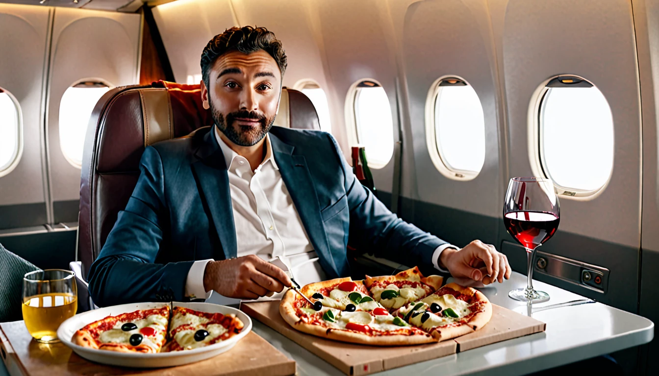 arafed man sitting in a plane with a pizza and a glass of wine, food commercial 4 k, pizza advert, netflix, food advertisement, art masterpiece, confortable atmosphere, eating pizza, with fries, mukbang, at netflix, advertising photo, presenting pizza, fine dining, cool marketing photo, eating a pizza, high class, commercial photo