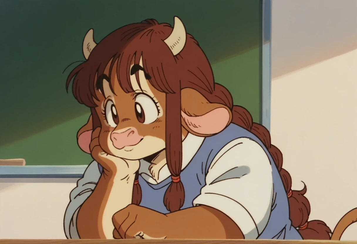 anime screencap,drgbls1, solo,anthro cow, female,score_9, score_8_up, score_7_up, score_6_up. shy smile, upper body, , classroom, long brunette hair, long hair,  braid, chubby female