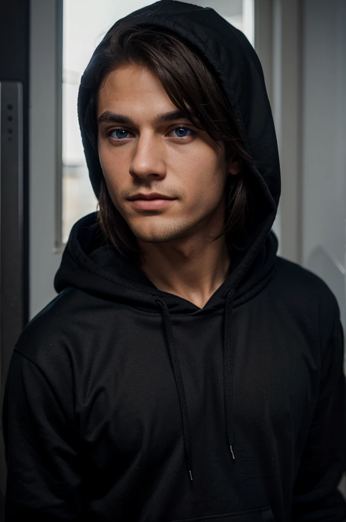 Handsome boy Wearing a black hoodie, blue eyes