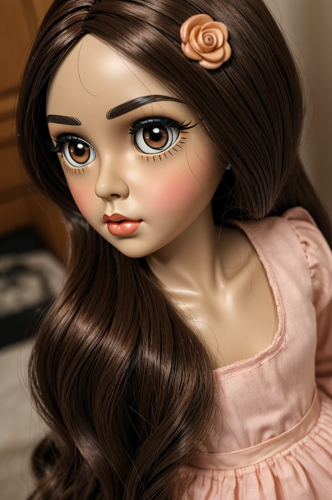 I created a blithe doll (doll with big eyes like those on tik tok) with medium short dark brown hair, without bangs but without a very marked forehead, light brown skin, brown eyes and eyeliner, peach lips, pretty eyes with a black dress rosita style let it be blithe doll blithe doll blithe doll
