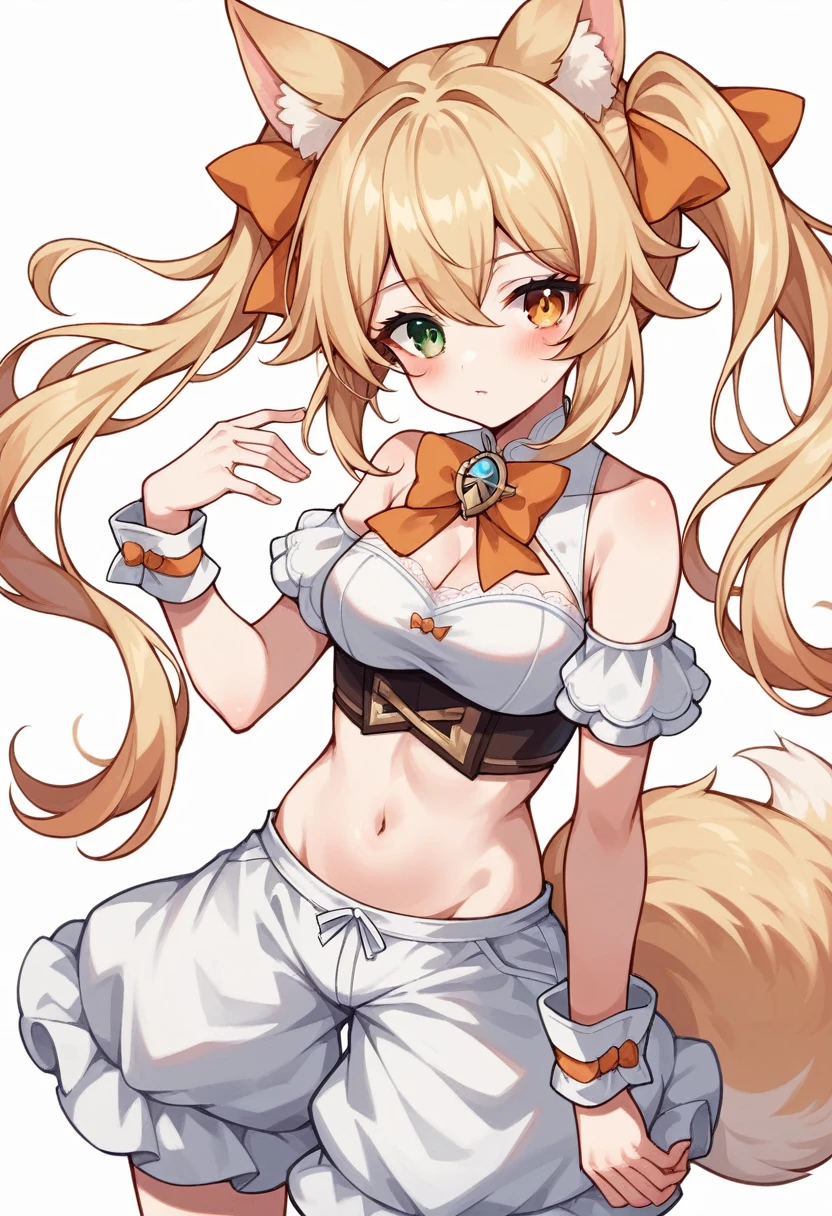 1girl, animal ears, bangs, bare shoulders, blonde hair, blush, bow, breasts, white cleavage, cropped torso, , green eyes, hair ribbon, heterochromia,  stlooking at viewer,  orange bow, orange eyes, orange ribbon, ears like an unearthly animal, fluffy tail, light tail, real tail, ribbon, solo, stuffed animal,twintails, upper body, full-length, white legbands, white shoes with lace and white bows, white background, wrist cuffs, yellow eyes, bloomers, close-up, fair skin frills, lace, midriff, skirt, solo, , white background,shorts, white top with ribbon and lace and trousers,trousers, genshin,white slippers with a bow,All clothes are white, laceAt full height, it stands, в полный рост