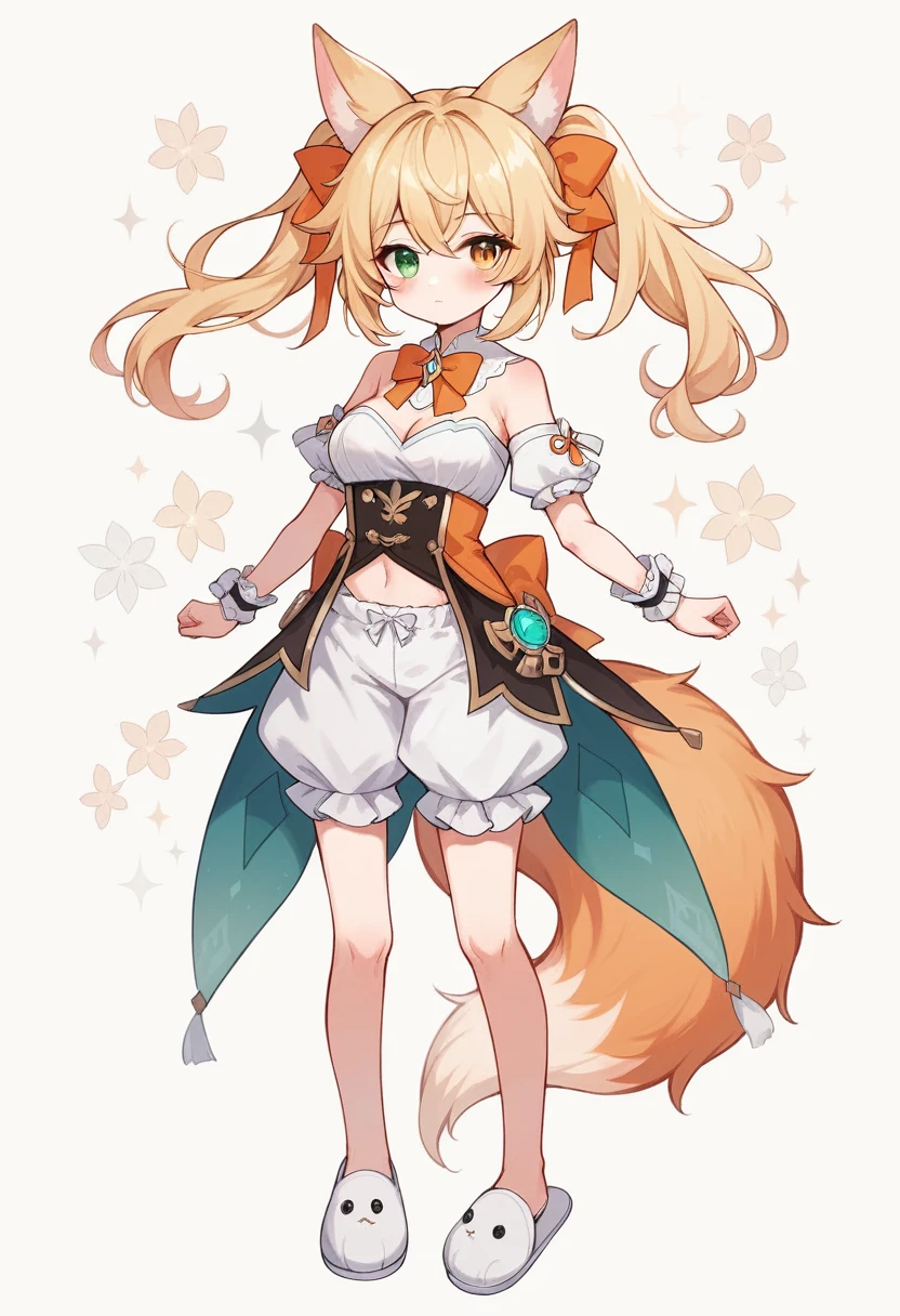 1girl, animal ears, bangs, bare shoulders, blonde hair, blush, bow, breasts, white cleavage, cropped torso, , green eyes, hair ribbon, heterochromia,  stlooking at viewer,  orange bow, orange eyes, orange ribbon, ears like an unearthly animal, fluffy tail, light tail, real tail, ribbon, solo, stuffed animal,twintails, upper body, full-length, white legbands, white shoes with lace and white bows, white background, wrist cuffs, yellow eyes, bloomers, close-up, fair skin frills, lace, midriff, skirt, solo, , white background,shorts, white top with ribbon and lace and trousers,trousers, genshin,white slippers with a bow,All clothes are white, laceAt full height, it stands, в полный рост