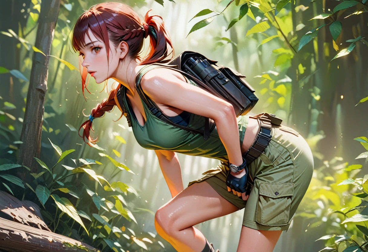 8k resolution, depth of field, lens flare, photorealistic,((best quality)), (((intricate details))), highly detailed, (((cinematic effect))), looking at viewer,A young red-haired woman usually dressed in a tank top, often olive green or black, tight-fitting and sleeveless, allowing freedom of movement. She wears shorts or cargo pants, usually khaki or dark green in color, with several pockets to store her equipment. His outfit includes a utility belt with a buckle, pistols in a holster on each side, and additional pouches for ammo and tools. She wears sturdy combat boots that provide ankle support and grip for climbing and running. Lara also wears fingerless gloves, a watch, and a backpack to carry larger items. Her hair is usually tied into a practical ponytail or braid. , emphasizing his desire for adventure in the Amazon forest,no anatomical defects, fine details, dynamic lighting, high quality.