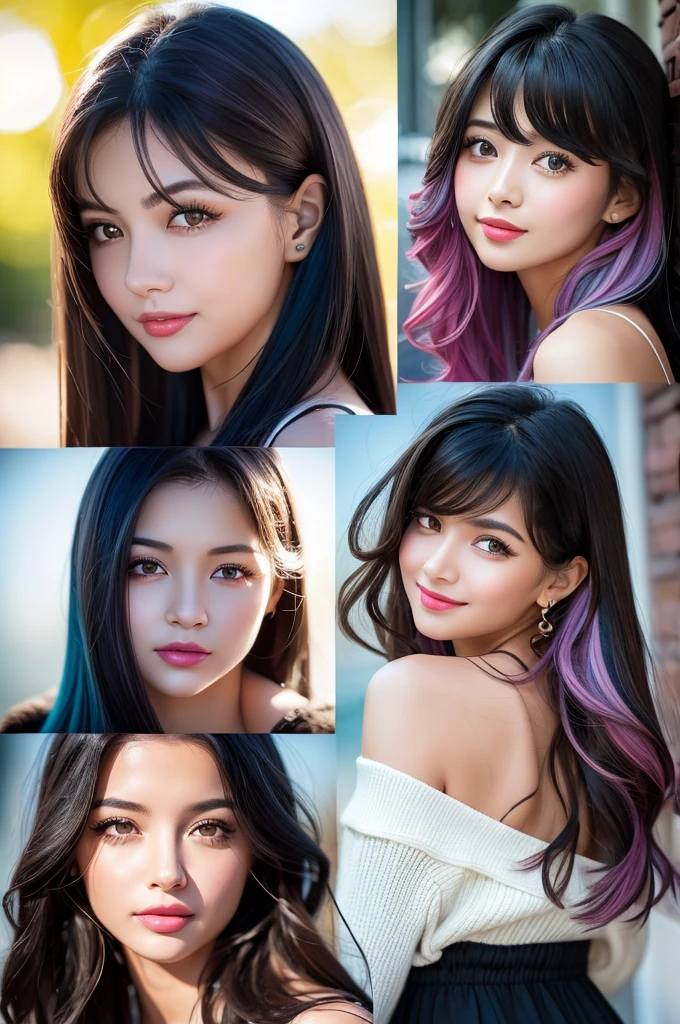 (((A real beauty))), Black Hair、folder、Round eyes、False eyelashes、Light wavy hair, correct、Pink lipstick、Striped Hair、Brown Hair、Blue Hair、(Dark blue hair)、(Gradient Hair)、Asymmetrical Hair、Hair behind the ear、Crossed bangs、Long Hair、(お尻までLong Hair)、Long Hair、Straight bangs、Smooth, silky hair、Hair up on one side、とんでもなくLong Hair、Valletta、Light brown eyes、Ring Eye、Round eyes、Wicked Smile、A light smile、Surrealism、Cast a Shadow、Anaglyph、Stereogram、(Extraordinary presence)、Character Portrait、Subjective、Atmospheric perspective、Film Grain、Backlight、Exposure、Lens flare、、最high quality、超High resolution、超High resolution、Very realistic, masterpiece、correct、Textured skin、high quality、最high quality、Awards、32k, 髪のfolder、Cunning、A light smile、Shy laugh、Redness in the ears、correct、Subjective、Shine、360° View、Very detailed、超High resolution、解剖学的にcorrect、masterpiece、Emphasize the chest、High resolution、High detail、Long eyelashes、A slight blush、Compensate, (((Full Body Shot)))、Various poses、Shooting from a distance、Various angles of view、