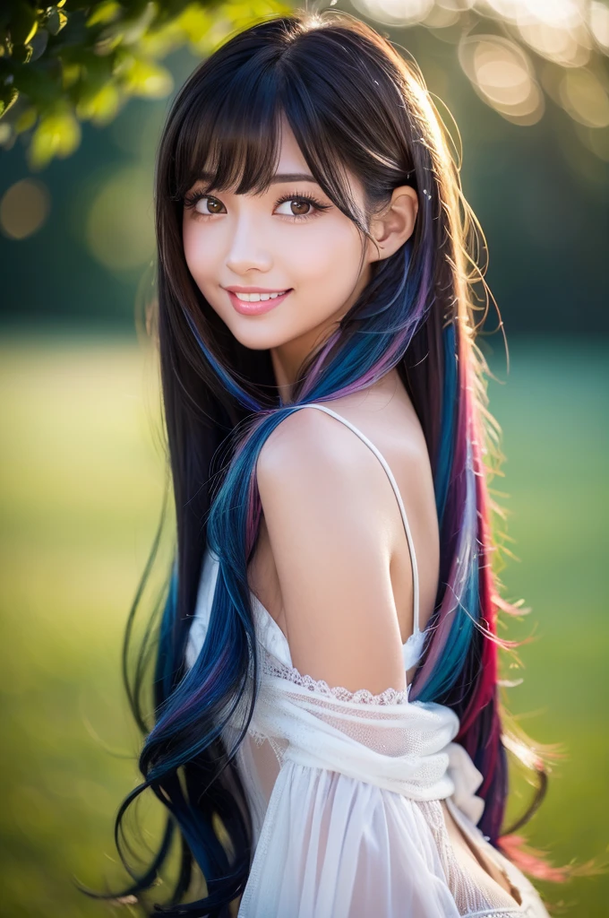 (((A real beauty))), Black Hair、folder、Round eyes、False eyelashes、Light wavy hair, correct、Pink lipstick、Striped Hair、Brown Hair、Blue Hair、(Dark blue hair)、(Gradient Hair)、Asymmetrical Hair、Hair behind the ear、Crossed bangs、Long Hair、(お尻までLong Hair)、Long Hair、Straight bangs、Smooth, silky hair、Hair up on one side、とんでもなくLong Hair、Valletta、Light brown eyes、Ring Eye、Round eyes、Wicked Smile、A light smile、Surrealism、Cast a Shadow、Anaglyph、Stereogram、(Extraordinary presence)、Character Portrait、Subjective、Atmospheric perspective、Film Grain、Backlight、Exposure、Lens flare、、最high quality、超High resolution、超High resolution、Very realistic, masterpiece、correct、Textured skin、high quality、最high quality、Awards、32k, 髪のfolder、Cunning、A light smile、Shy laugh、Redness in the ears、correct、Subjective、Shine、360° View、Very detailed、超High resolution、解剖学的にcorrect、masterpiece、Emphasize the chest、High resolution、High detail、Long eyelashes、A slight blush、Compensate, (((Full Body Shot)))、Various poses、Shooting from a distance、Various angles of view、