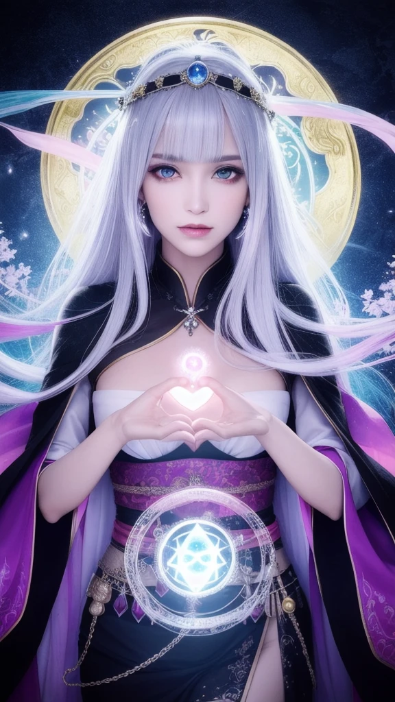 (masterpiece, top quality, 1 female, solo, exquisite details, chromatic aberration), (realistic), (skin), ((breathing)), (silver hair, blunt bangs, short straight long hair, short bangs, silver hair), beautiful hair, red headdress, blue highlights, hair over one eye, pretty eyes, purple eyes, thick lips, earrings, piercing eyes, ((gold and white kimono)), ((symmetrical eyes)), ((perfectly symmetrical body)), ((perfectly symmetrical hands)), (purerosface_v1:0.3), night, ((self, natural light))), bright lighting, flowers blooming in the background, in front of the viewer, ((central shot, from the front, (face and waist))), mysterious atmosphere, flowers blooming around, light colored background, fortune teller in kimono, beautiful fortune teller, fortune teller, fantasy female fortune teller, female fortune teller, f Fantasy photography, magician, witch fairy tale, Japanese style, elegant cinematic fantasy art, fantasy woman, sorceress portrait, casting spells, fortune teller, powerful wizard stands among mystical colorful flowers, fluttering robes adorned with symbols, holding a glowing heart crystal ball, eyes glowing with mystical energy, spells leaking from his mouth, vivid swirling patterns of black magic pulsating with iridescent hues appear in the air, magic permeates, flowers bloom, sacred creatures gaze in awe, threads of magical energy dance, revealing hidden realms, unravelling secrets, capturing the essence of this enchanting moment and bringing to life the mystical power of witchcraft on a canvas of the highest quality and finest detail. Top Quality, Masterpiece, Ultra High Resolution, (Photorealistic: 1.4), RAW Photo, Sharp Focus, High Resolution, Detailed Skin.