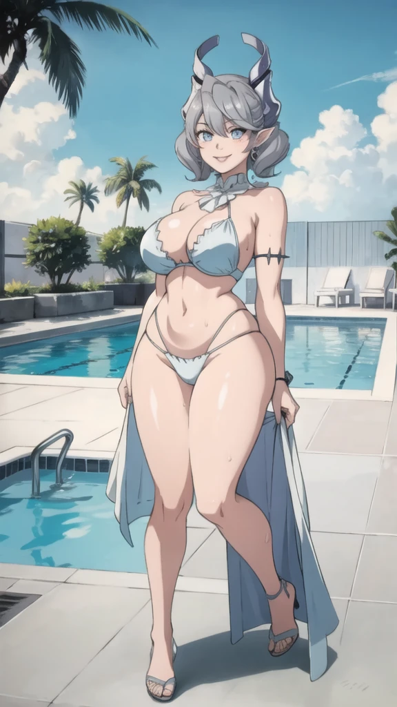 High level image quality best image quality 8K adult woman pool party rain palm trees more colors whole body view portrait bikini horn ears short hair((shortcut)(gray hair)(perm)(fluffy)) eye color is blue , , attractive evil face , smile , sexy pose , labrynth , arms behind head , barearm , standing by the pool , wet hair , view foot arc